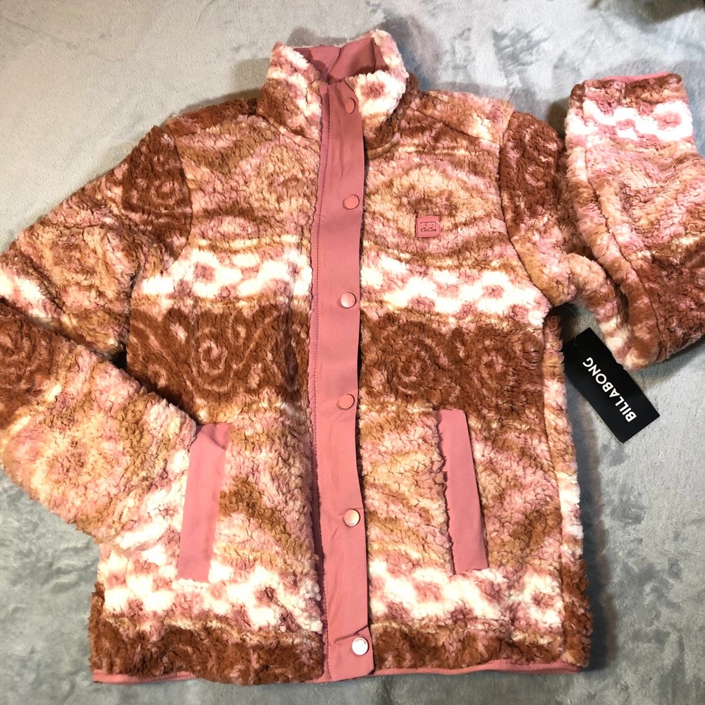 Billabong Cozy Days Sherpa Fleece Jacket Women's Size Small Rose Pink Aztec New
